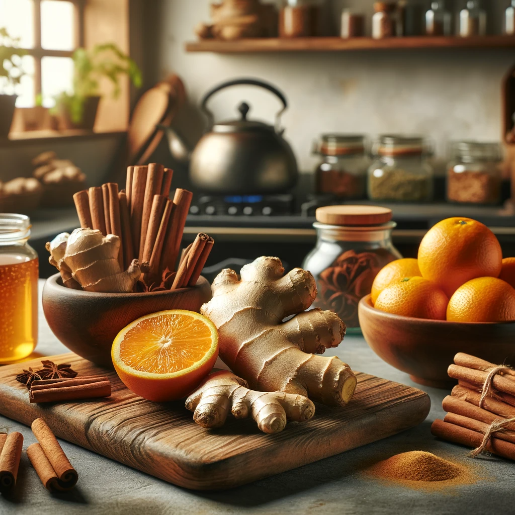 elderberry syrup ginger cinnamon and oranges
